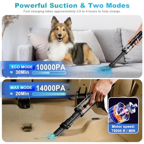 Upbooz Handheld Vacuum Cordless, Car Vacuum with 14000PA Powerful Suction with LED Light, Air Duster 2-in-1,Low Noise Rechargeable Portable Mini Vacuum Cleaner for Car Home Pet Office,Two Gears Black