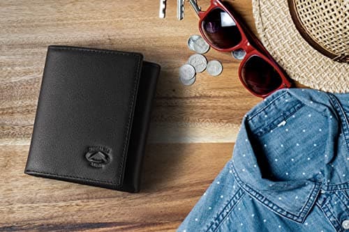 Stealth Mode Leather Trifold RFID Wallet For Men With Flip Out ID Holder (Black)