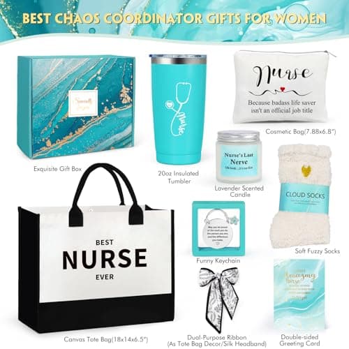 Nurse Gifts for Women, Rn Appreciation Gift Set Nurses Week Set Graduation Box Christmas Basket for Nurses Female Nursing Student with Canvas Beach Tote Bag Tumbler Keychain Teal