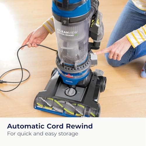 Bissell CleanView Swivel Rewind Vacuum with Automatic Cord Rewind, TurboEraser Upholstery Tool, Triple Action Brush Roll, Swivel Steering, Extension Wand, Easy-Empty Dirt Tank, Multi-Cyclonic Suction