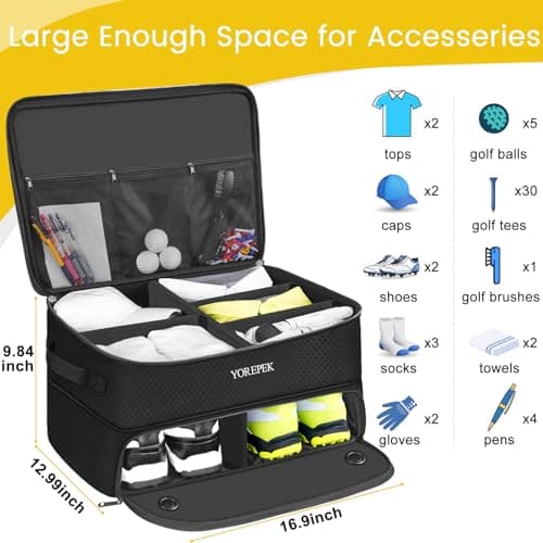 YOREPEK 2 Layer Golf Trunk Organizer, Golf Gifts for Men with Separate Ventilated Compartment for 2 Pair Shoes, Waterproof Car Trunk Locker for Balls, Tees, Clothes, Gloves, Accessories, Golfer Gifts