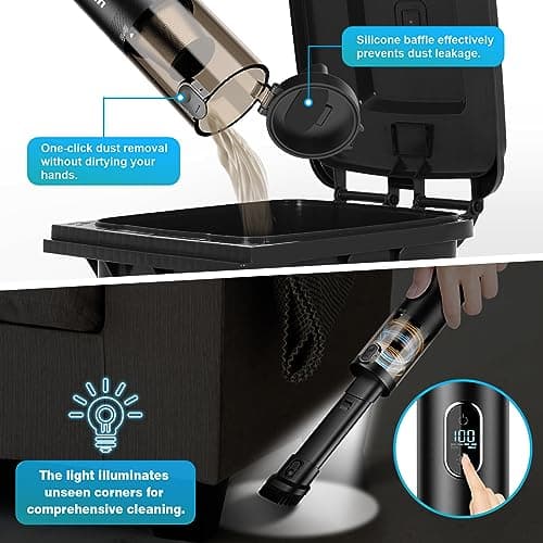 Upbooz Handheld Vacuum Cordless, Car Vacuum with 14000PA Powerful Suction with LED Light, Air Duster 2-in-1,Low Noise Rechargeable Portable Mini Vacuum Cleaner for Car Home Pet Office,Two Gears Black