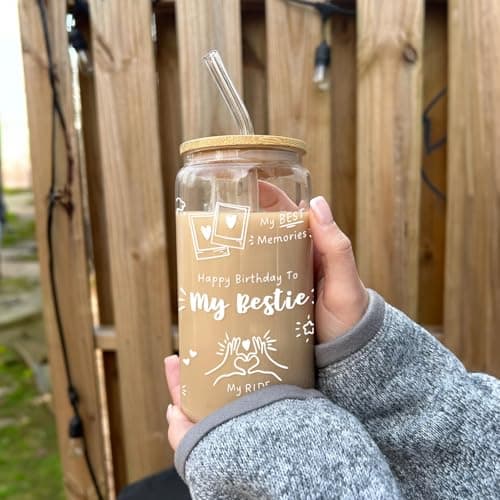 Best Friend Birthday Gifts for Women Friendship - Happy Birthday to My Bestie Glass Cups with Lids and Straws, Funny Presents for Bff Friends Coworkers Unique, Cute Iced Coffee Cup, 16 oz