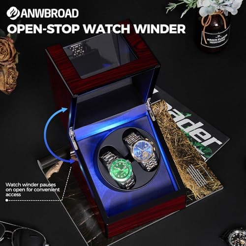 ANWBROAD ANWBROAD Watch Winder for Automatic Watches Double with Super Quiet Motor Flexible Watch Pillows LED Backlight Wooden 5 Modes Battery or Type-C Adapter UJWW001Y