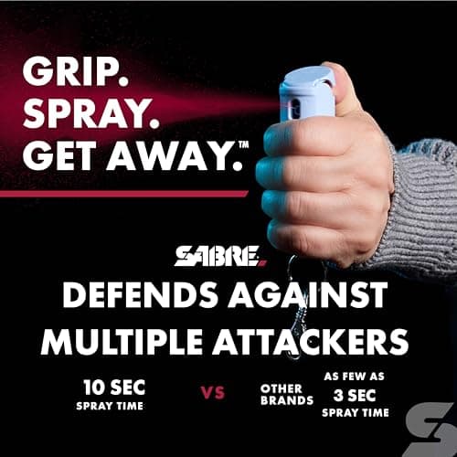 SABRE Pepper Spray - Fast Flip Top, Snap-Clip Keychain, Easy to Use & Carry, Maximum Police Strength OC Spray With UV Dye For Self Defense, 10 Second Spray Time, Finger Grip for Faster Aim,0.54 fl oz