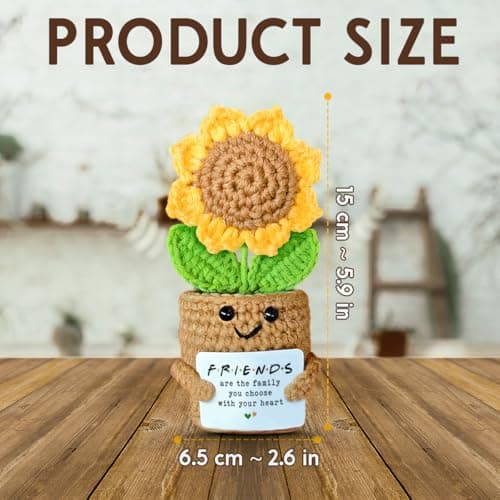 Mini Sunflower Crochet Gift with Card for Women Best Friend, Soul Sister, Long Distance Pal, Friends Are the Family You Choose, Cute Decor for Birthday, Christmas for Bestie, BFF, Coworker