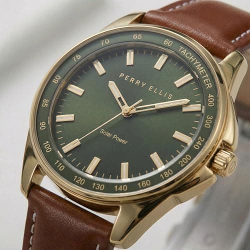 Perry Ellis Solar Powered Mens Watch | Vegan Leather Water-Resistant Analog Wrist Watches for Men | 43mm Case | Aluminum Tachymeter Bezel | Elegant Gift for Man