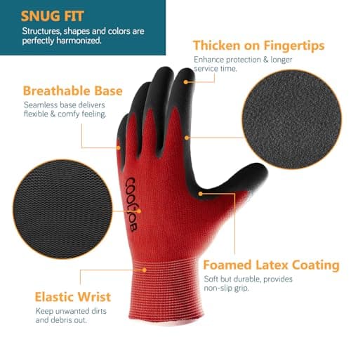 COOLJOB Gardening Gloves for Men, 2 Pairs Breathable Rubber Coated for Garden Weeding Landscaping, Outside Work for Lawn Yard, Men's Large Size, Black & Red