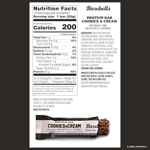 Barebells Protein Bars Cookies & Cream - 12 Count, 20g High Protein Treats - Chocolate Nutrition Bar with 1g Total Sugars - On-The-Go Breakfast or Post-Workout Snack