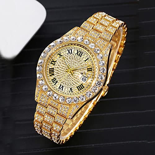 HUNRUY Hip Hop Watches for Men Iced-Out Bling Diamond Luxury Quartz Watches with Date