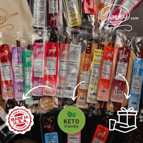 Jerky.com Jerky.com Exotic Meat Sticks Gift Bag | Wild Game Jerky Sampler with Venison, Elk & Wild Boar | 12pc High Protein Meat Snacks Variety Pack | Unique Gift Basket for Men, Dad, Hunters, Outdoorsmen