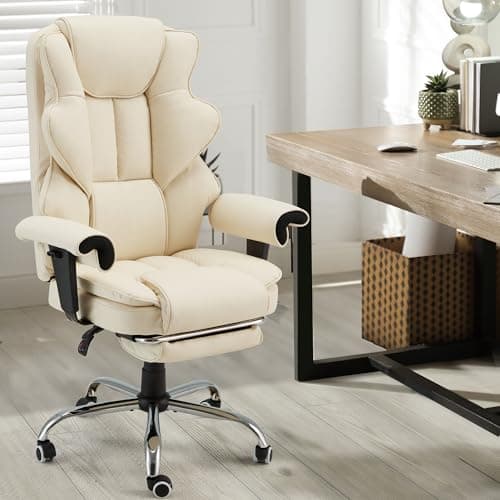 HOMREST 6-Point Massage Executive Chair,Heat Office Chair,Ergonomic Home Office Desk Chairs with Retractable Footrest and Reclining Function,Leather Computer Chair with Adjustable Armrest(‌Off White)
