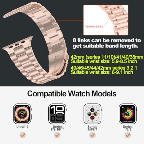 iiteeology Lightweight Stainless Steel Band Designed for Apple Watch Series 1-11, 42mm, 41mm, 40mm, 38mm, SE2&SE3, Replacement iWatch Bands for Women, Rose Gold
