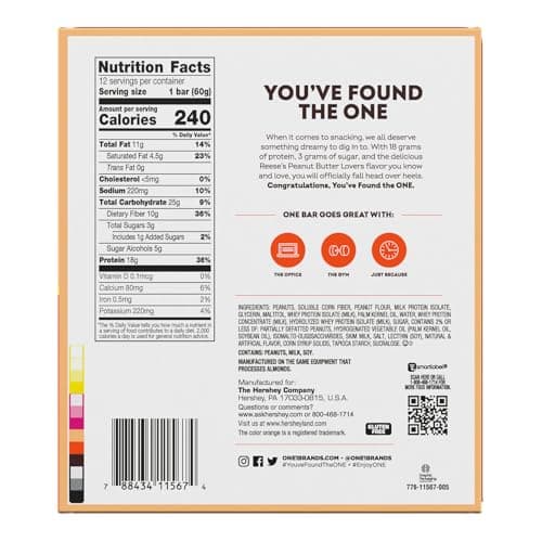 ONE Protein Bars, Reese's Peanut Butter Lovers, Gluten Free with 18g Protein and 3g Sugar, Pantry Staples, 2.12 oz (12 Count)