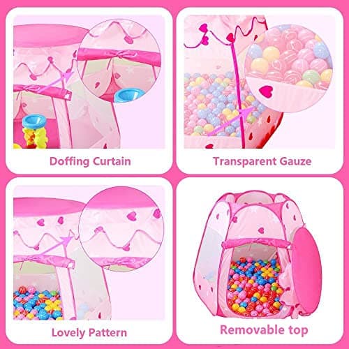 Pop Up Princess Tent with Star Light, Toys for 1 2 3 Year Old Girl Birthday Gift, Ball Pit for 12-18 Months Baby Girl Toys, Toddler Gift, Easy to Pop Up and Assemble(Pink)