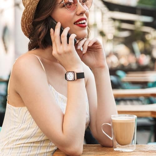 KYISGOS Stretchy Solo Loop Compatible with Apple Watch Band 42mm 41mm 40mm 38mm Women, Nylon Strap with Bling Pearl and Diamond Buckle for iWatch Series 11 10 9 8 7 6 5 4 3 2 1 SE (Black/Rose Gold)