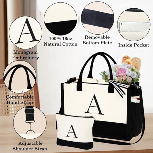 YOOLIFE Gifts for Women - Initial Tote Bag & Makeup Bag, Birthday Gifts for Women Mom Wife Teacher Friend