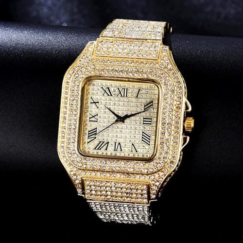 Apzzic Diamond Iced Out Watch CZ Gold Plated 40mm Width Roman Numerals Dial Quartz Wristband Watch for Men Women