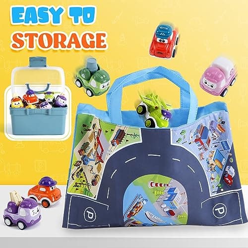 Mini Car Toys for 1 Year Old Boy Gifts, 12 Sets Pull-Back Trucks with Playmat/Storage Box for Toddlers Age 1-2, Baby Toys 12-18 Months, 1st Christmas Birthday Gifts for One Year Olds