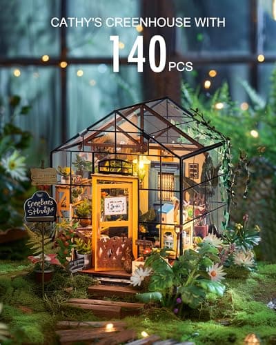 Rolife DIY Miniature House Kit Greenhouse, Tiny House Kit for Adults to Build, Mini House Making Kit with Furniture, Halloween/Christmas Decorations/Gifts for Family and Friends (Cathy's Greenhouse)