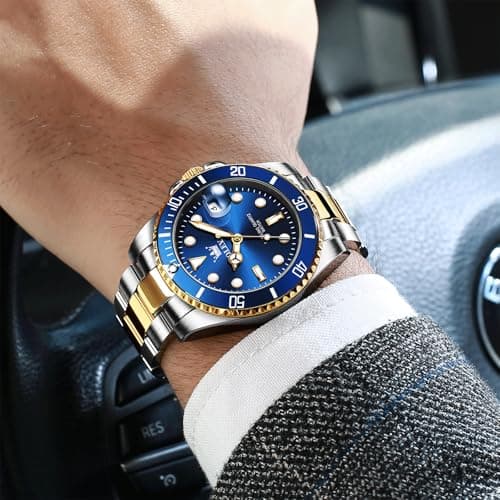 OLEVS Men's Stainless Steel Watch, Big Face Easy to Read Analog Quartz Dress Watches, Classic Rotating Bezel Waterproof Luminous Hands Date Mens Wristwatch