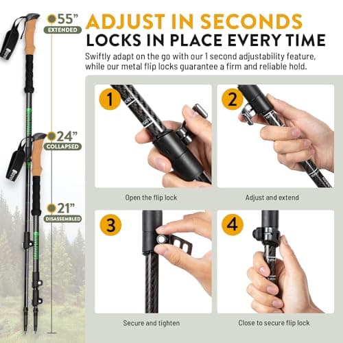 100% Carbon Fiber Trekking Poles by USA Brand - Ultra Strong Lightweight Collapsible Hiking Poles with Cork and EVA Foam Grips & Quick Adjustable Flip Locks