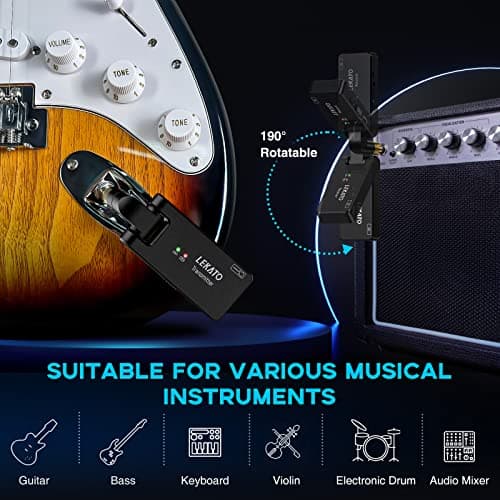 LEKATO Wireless Guitar System with Charging Case, Rechargeable 2.4GHz Wireless Transmitter Receiver Guitar Wireless System 4 Channels with Dual Plugs 3.5mm/6.35mm,(WS-100)