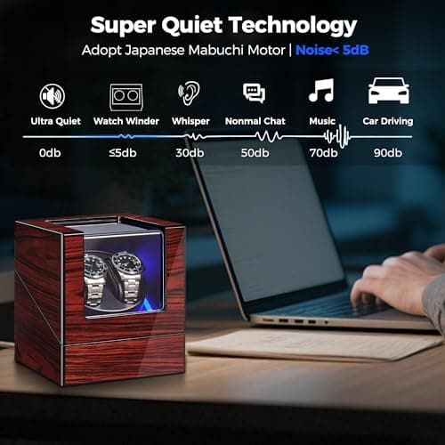 ANWBROAD ANWBROAD Watch Winder for Automatic Watches Double with Super Quiet Motor Flexible Watch Pillows LED Backlight Wooden 5 Modes Battery or Type-C Adapter UJWW001Y