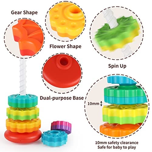 Baby Spinning Stacking Toys for Toddlers 1-3, Rainbow Ring Stacker Montessori Toys for Babies 6-12 Months, 1 2 3 One Year Old Girl Boy Christmas Birthday Gifts, Autism Sensory Learning Toy