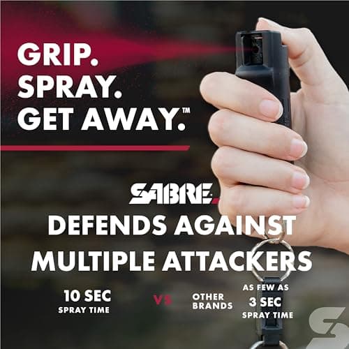 SABRE Pepper Spray - Quick Release Keychain for Easy Carry & Fast Access, Max Police Strength Self Defense OC Spray With UV Dye, 10 Sec. Spray Time, Finger Grip - Faster Aim, 0.54 fl oz, Secure Safety