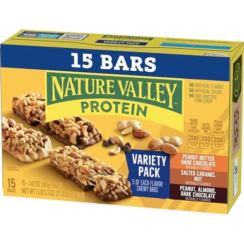 Nature Valley Protein Bars Variety Pack, Gluten Free Chewy Granola Snack Bars, 10g Protein, Peanut Butter Dark Chocolate, Salted Caramel Nut, Peanut Almond Dark Chocolate, 15 Count, 21.3 oz Box