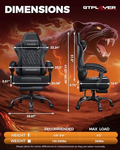 GTPLAYER Big and Tall Gaming Chair with Footrest, Ergonomic Office Desk Chair with 4.4in Thick Cushion and Wide Wingless Seat, Comfortable Leather Computer Chair, Predator Series, Black