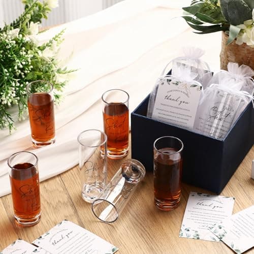 Sliner 50 Set Wedding Favors for Guests Bulk 2oz Acrylic Take a Shot We Tied the Knot Shot Glasses with Thank You Cards Organza Bags for Guest Souvenirs Wedding Gifts Newlyweds Bridal Shower Party