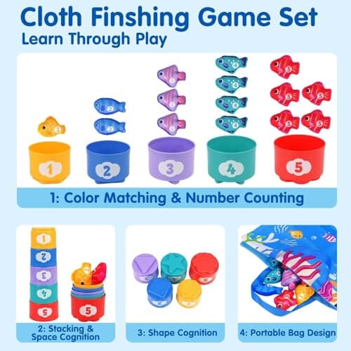 Montessori Toys for 1 Year Old - Cloth Fishing Game Toddler Toys Age 1-2 with Stacking Cups - Sorting Learning Baby Toy 12-18 Months - One Year Old Boy Girl First Birthday Gifts for 1 2 3 Year Old
