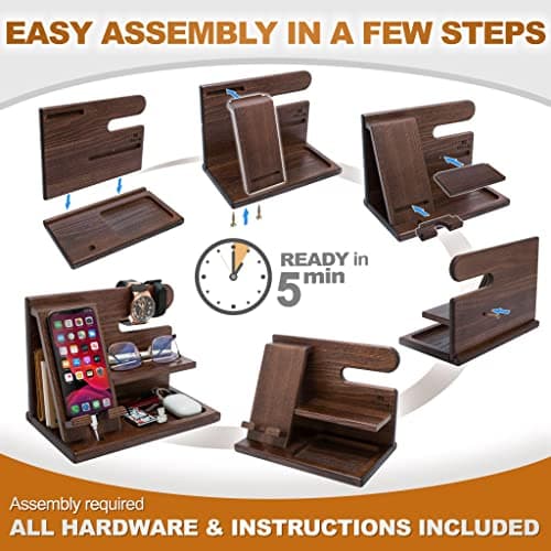 TESLYAR Wood Phone Docking Station for Men - Desktop or Nightstand Organizer - Birthday Gifts for Men, Dad - Anniversary Idea from Wife - Key Holder, Stand Wallet, Watch & Essentials (Bourbon Brown)