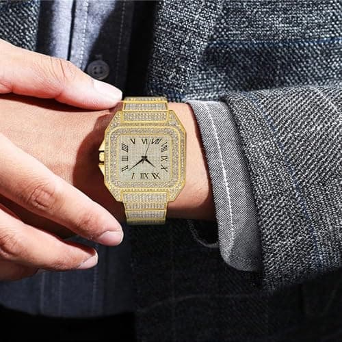Apzzic Diamond Iced Out Watch CZ Gold Plated 40mm Width Roman Numerals Dial Quartz Wristband Watch for Men Women