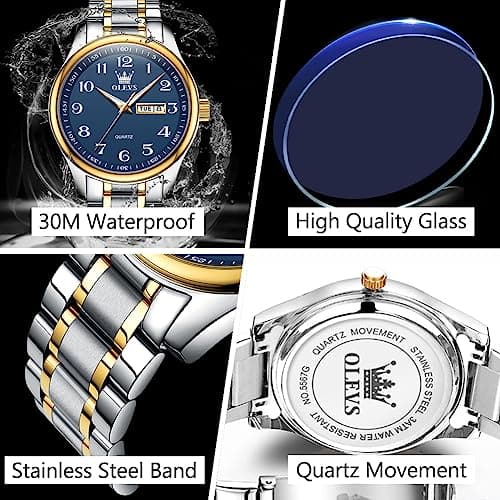 OLEVS Men's Casual Stainless Steel Watch, Big Face Easy to Read Analog Quartz Watch with Day and Date, Classic Waterproof Diamond Roman Arabic Numerals Dial Dress Watch for Men, Gold Silver Black Band