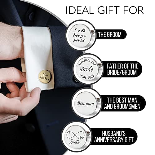 Custom engraved cufflinks for men, personalized wedding gift for groom, father of the bride & groom dad, best men, customized gold & silver cufflinks with dates, quotes or couples initials from bride