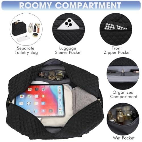 LUOCIP Large Women Travel Duffle Bag, Carry on Bag with Wet Toiletry Pocket for Overnight, Weekend, Yoga, Gym, Business Trips, Sport and Hospital, Black