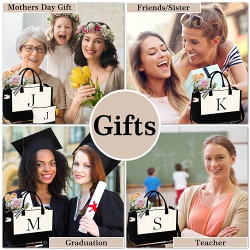 YOOLIFE Gifts for Women - Initial Tote Bag & Makeup Bag, Birthday Gifts for Women Mom Wife Teacher Friend