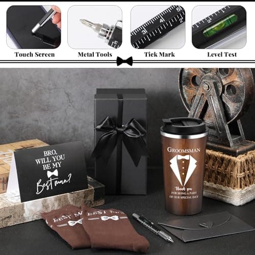 Nuanchu 6 Pcs Best Man Gifts Wedding Proposal Gift for Best Man Groomsman 17oz Office Cup Tumbler Socks Multi Tool Ballpoint Pen with Greeting Card Envelope(Wood Color)
