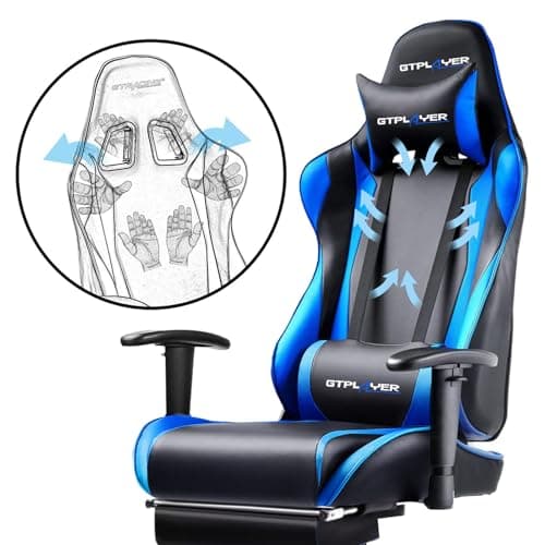 GTPLAYER Gaming Chair with Footrest, Ergonomic Computer Game Desk Chair, Reclining Game Chair Seat Height Adjustment, Swivel Rocker with Headrest and Lumbar (Blue)