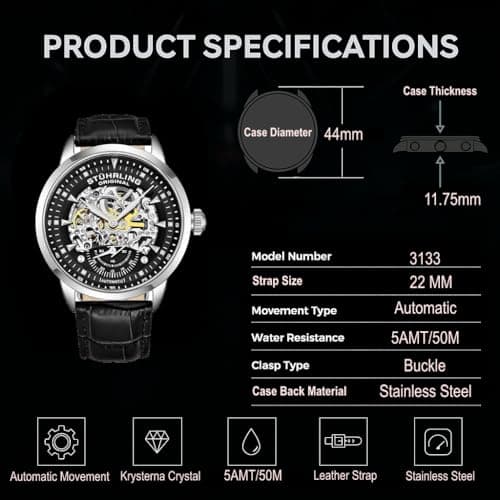 Stuhrling Original Mens Skeleton Automatic Dress Watch with Alligator Embossed Leather Strap Skeleton Dial