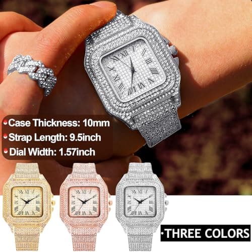 Apzzic Diamond Iced Out Watch CZ Gold Plated 40mm Width Roman Numerals Dial Quartz Wristband Watch for Men Women