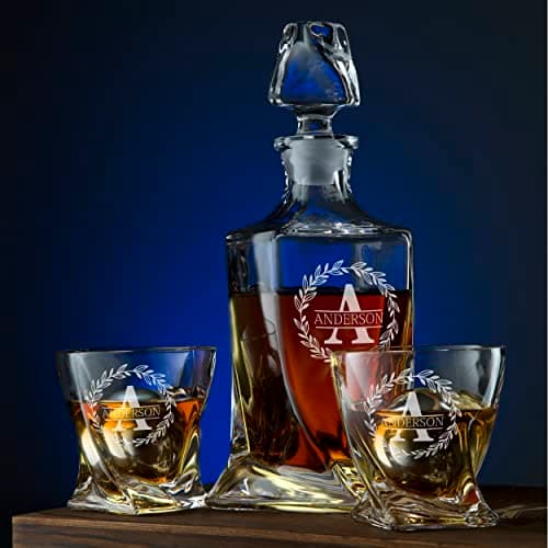 Personalized Whiskey Decanter and Stones Set - Customized Gift for Him - Men, Dad, Father - Engraved Twisted Decanter,2 Twisted Glasses, 2 XL Chilling Balls, Coasters, Tongs in Wooden Gift Box