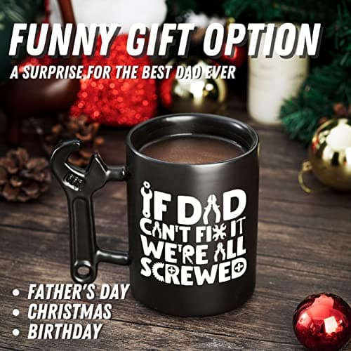 Onebttl Coffee Mug With Wrench Spanner Handle - Dad Gifts From Daughter and Son, 13.5oz Funny Ceramic Mug for Father's Birthday, Father's Day, Christmas - Dad Can Fix