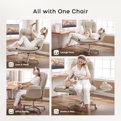 amseatec Criss Cross Chair with Armrests & Wheels for Cross-Legged Sitting, Comfortable Adjustable Swivel Office Desk Chair –PU Leather Vanity Chair for Home, Makeup and Bedroom (Cream)