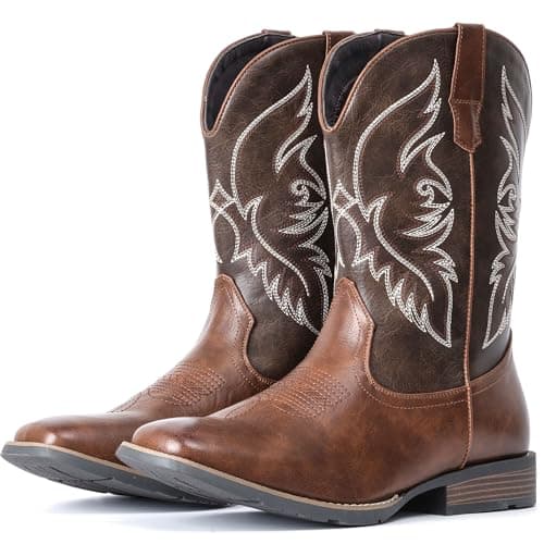 IUV Cowboy Boots For Men Square Toe Western Boot Durable Retro Classic Embroidered Pull On Boot Slip Resistant Country Boots