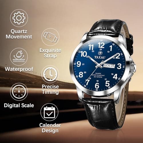 Taxau Men's Watches Leather Band Stainless Steel Quartz Analog Watch Luxury Waterproof Watches for Men Dress Men's Wrist Watch with Day Date Arabic Numeral Relojes para Hombre