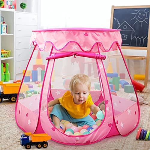 Pop Up Princess Tent with Star Light, Toys for 1 2 3 Year Old Girl Birthday Gift, Ball Pit for 12-18 Months Baby Girl Toys, Toddler Gift, Easy to Pop Up and Assemble(Pink)